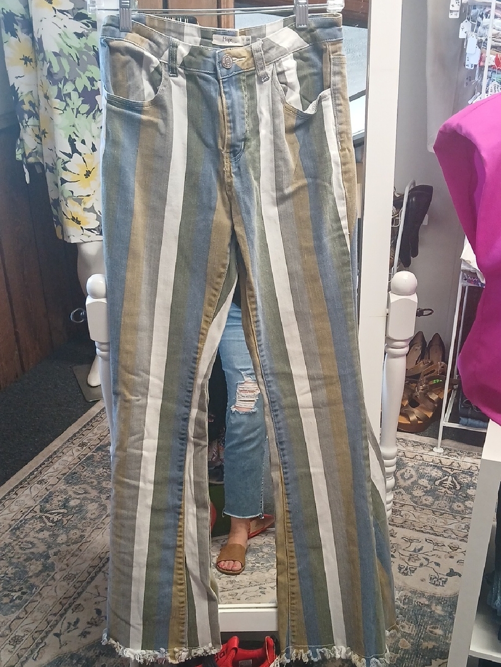 Hope's Vertical Stripe Wide-Leg Jeans in Olive, Blue & White